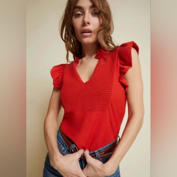 Nation LTD Tops - Nation LTD Habida Rouge Red Smocked Flutter Sleeve Top Size Small